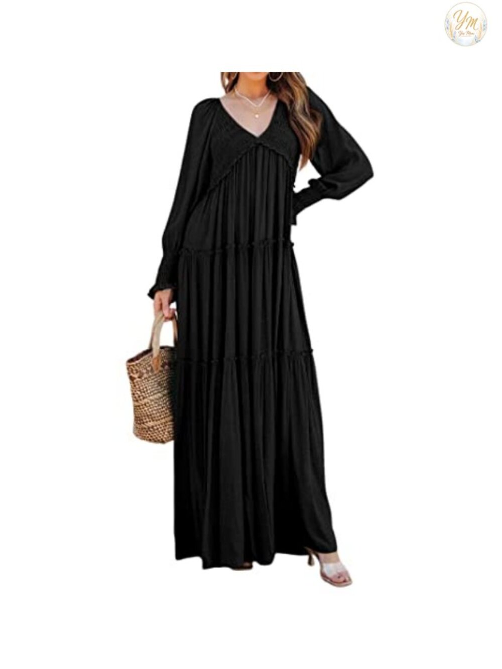 Womens Flowy Maxi Dress V Neck Long Sleeve Ruffle Hem Boho